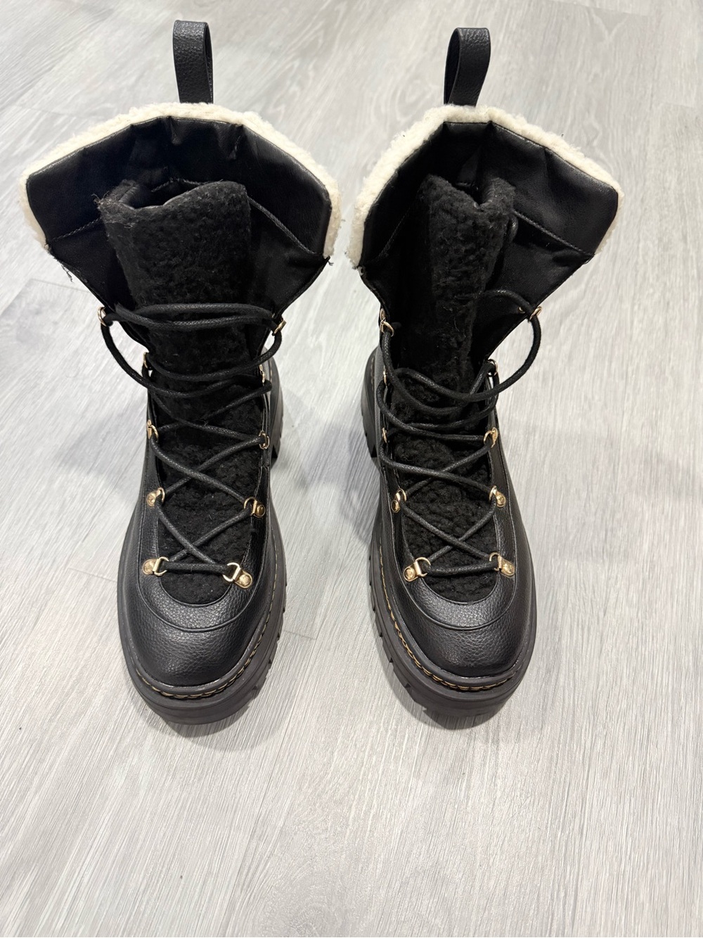 Missguided Black Borg Teddy Chunky Hiker Boots Faux Leather Winter Biker